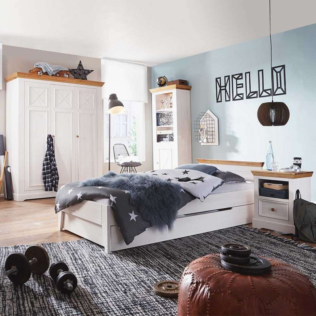 Jugendschlafzimmer in Weiß und Eichefarben Kiefer Massivholz (4-teilig)
