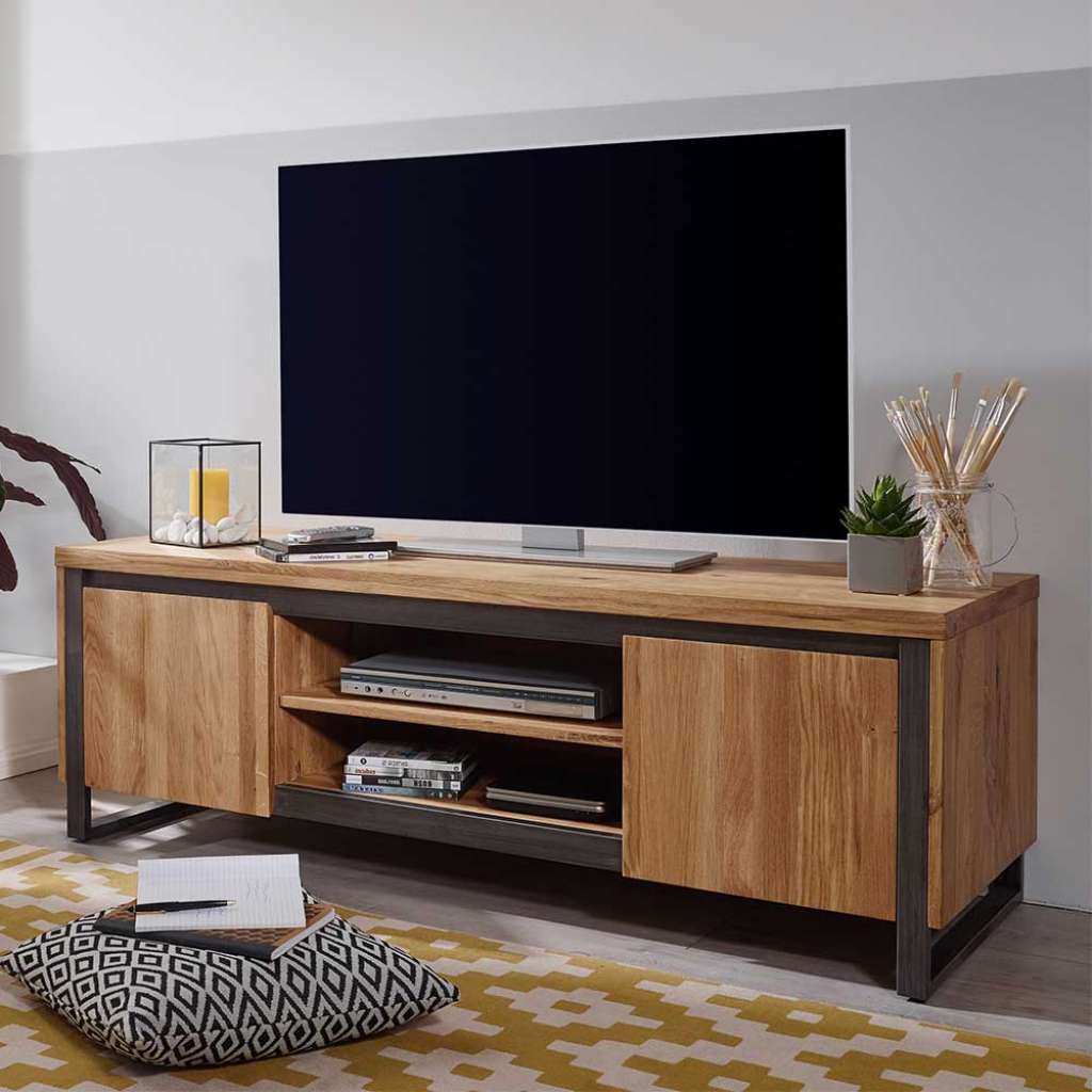Fernseh Unterschrank aus Wildeiche Massivholz und Metall 150 cm breit
