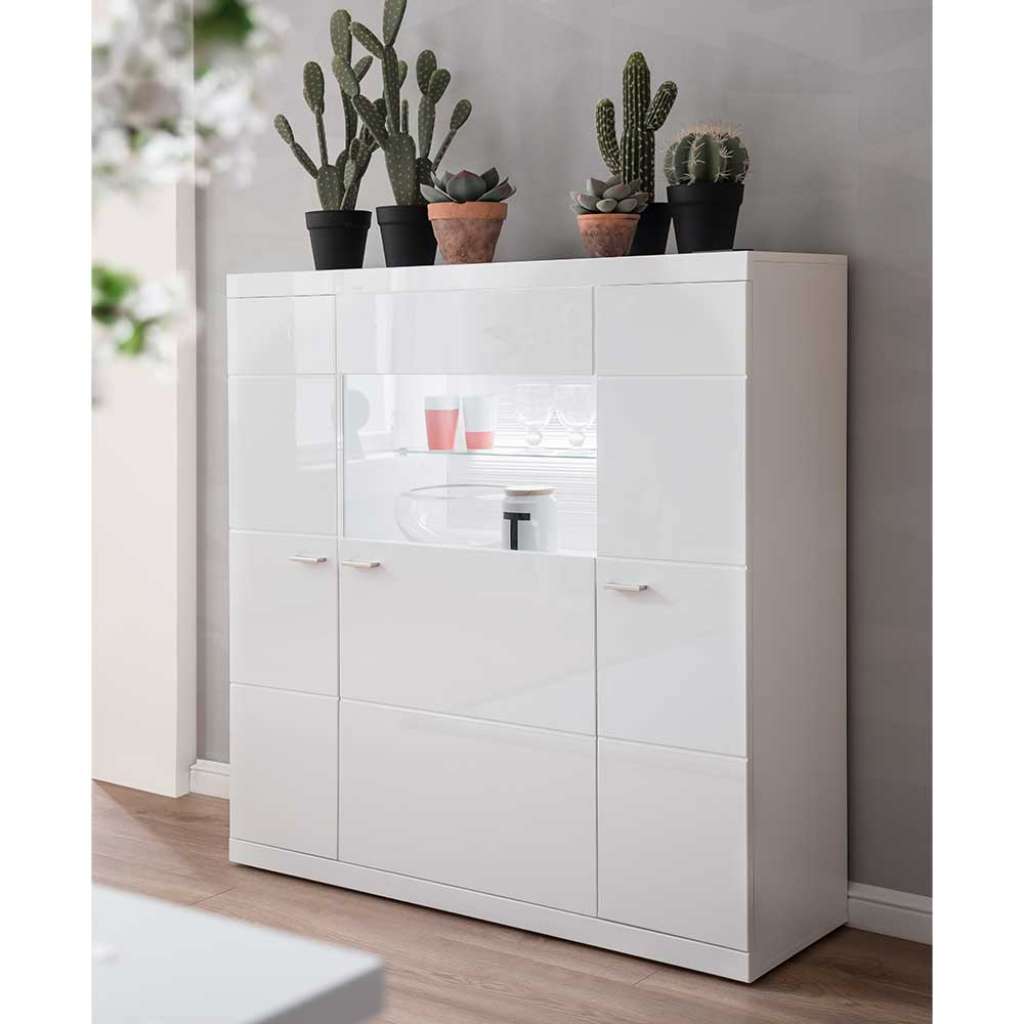Wohnzimmer Highboard in Hochglanz Weiß 120 cm breit
