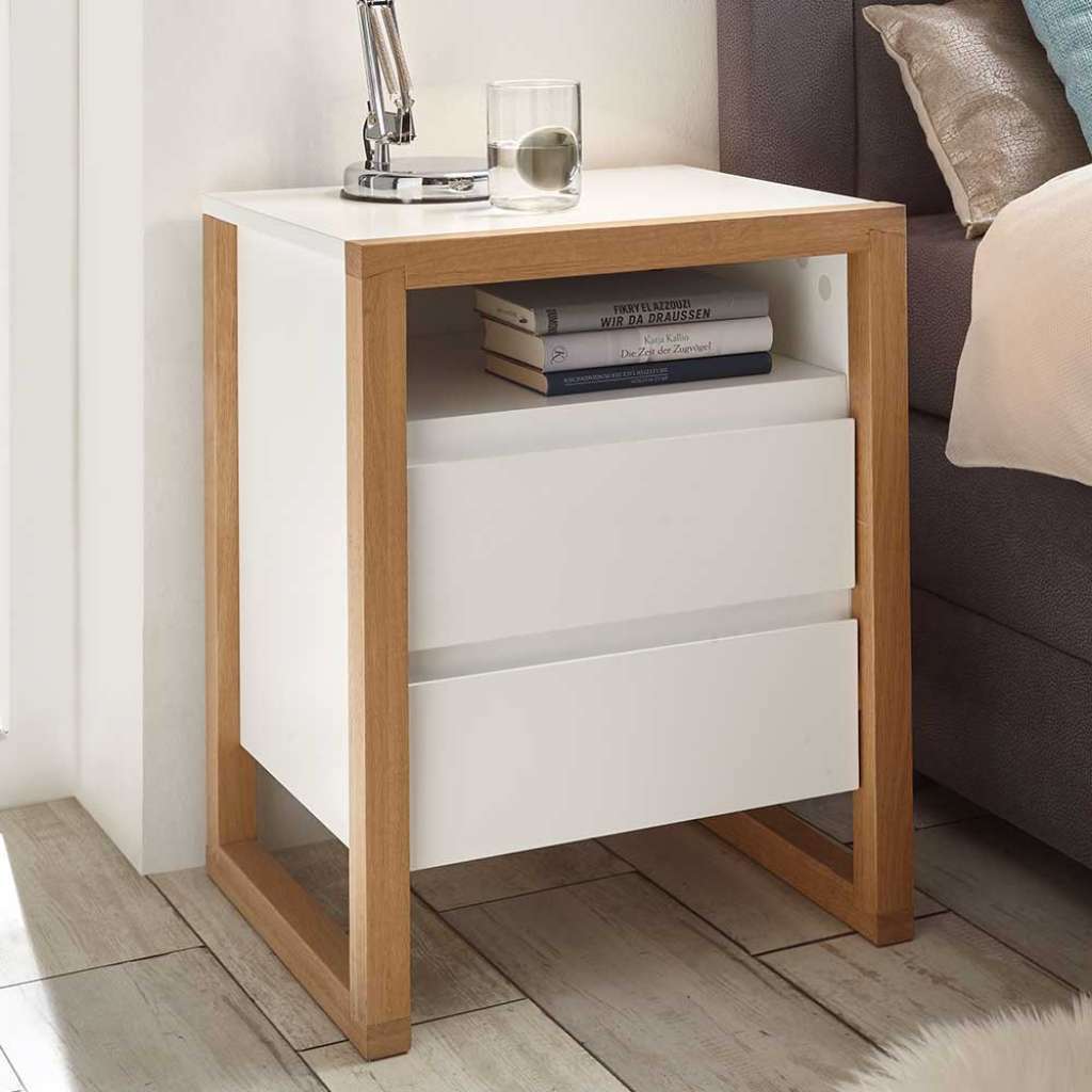 Nachtkommode in Weiß und Eiche 60 cm hoch