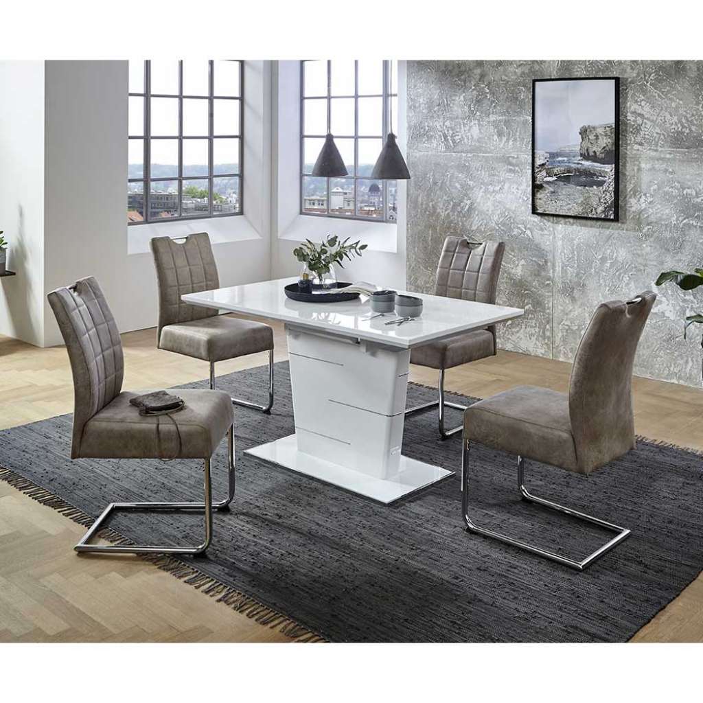 Esszimmersitzgruppe in Hochglanz Weiß und Beige ausziehbarem Tisch (5-teilig)