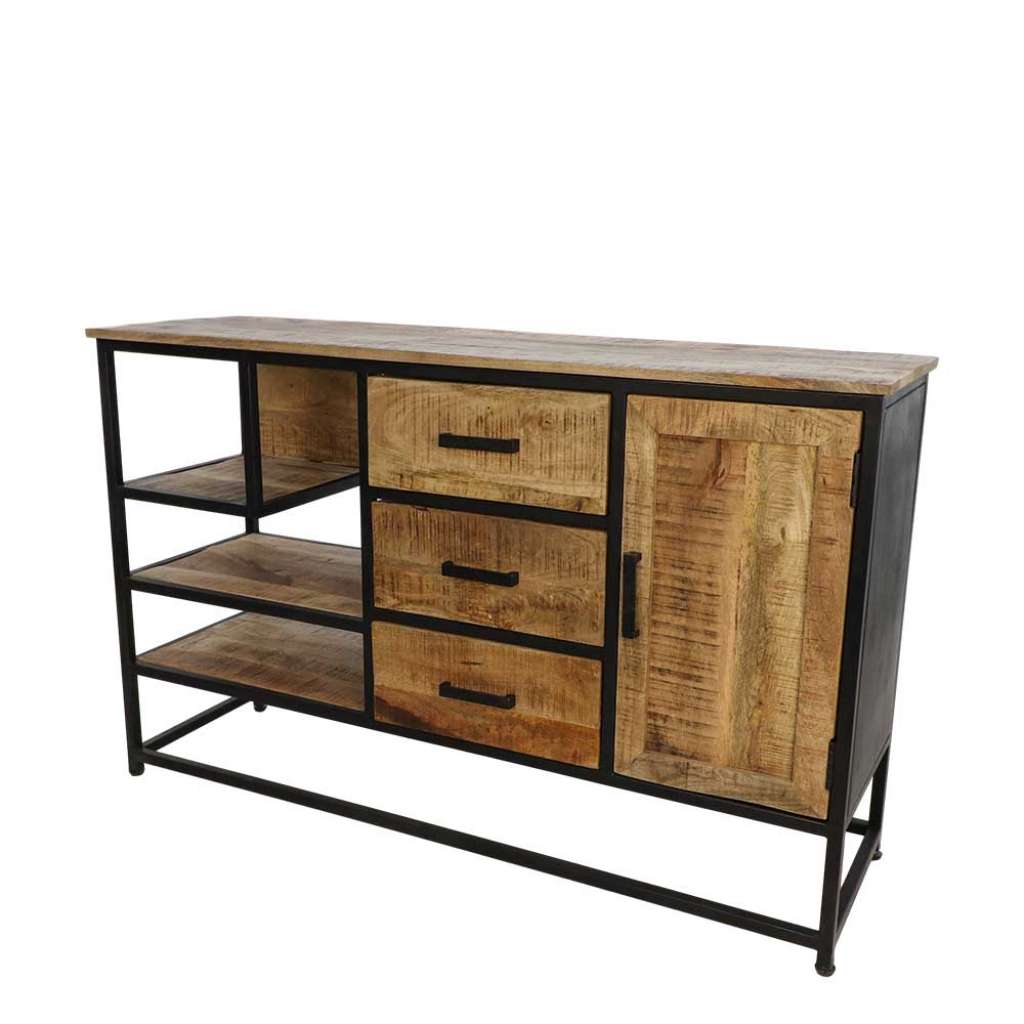 Design Sideboard aus Mangobaum Massivholz und Eisen offenen Fächern