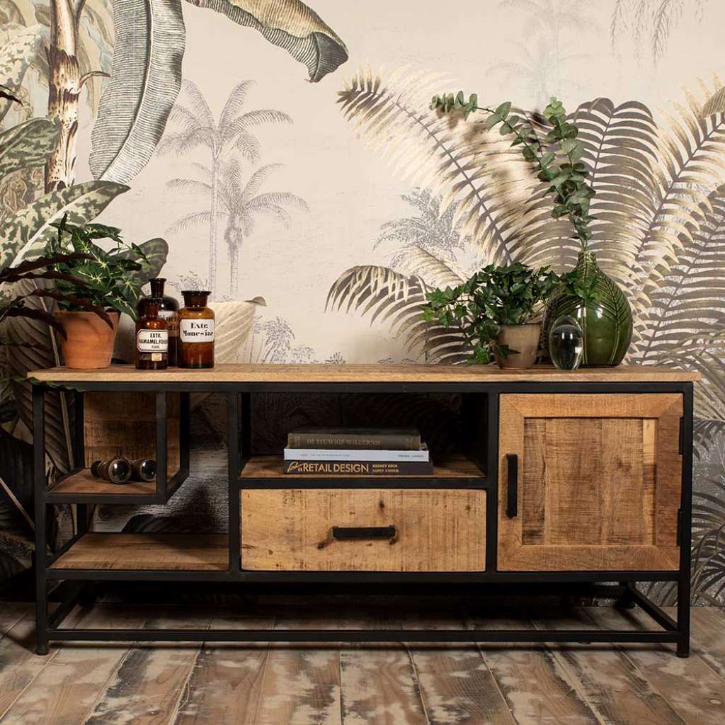 TV Unterschrank aus Mangobaum Massivholz und Eisen Industriedesign