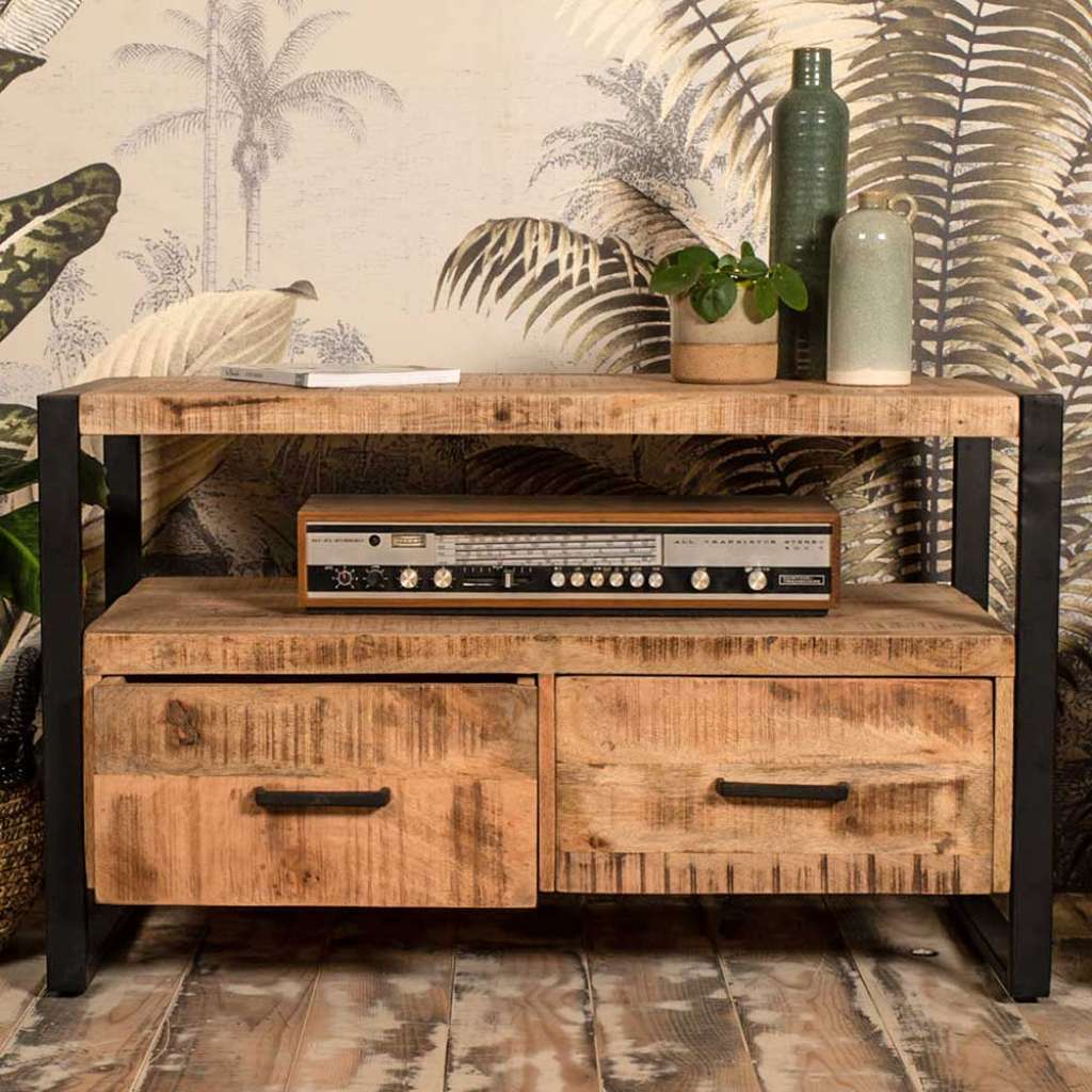 TV Board aus Mangobaum Massivholz und Eisen 100 cm breit