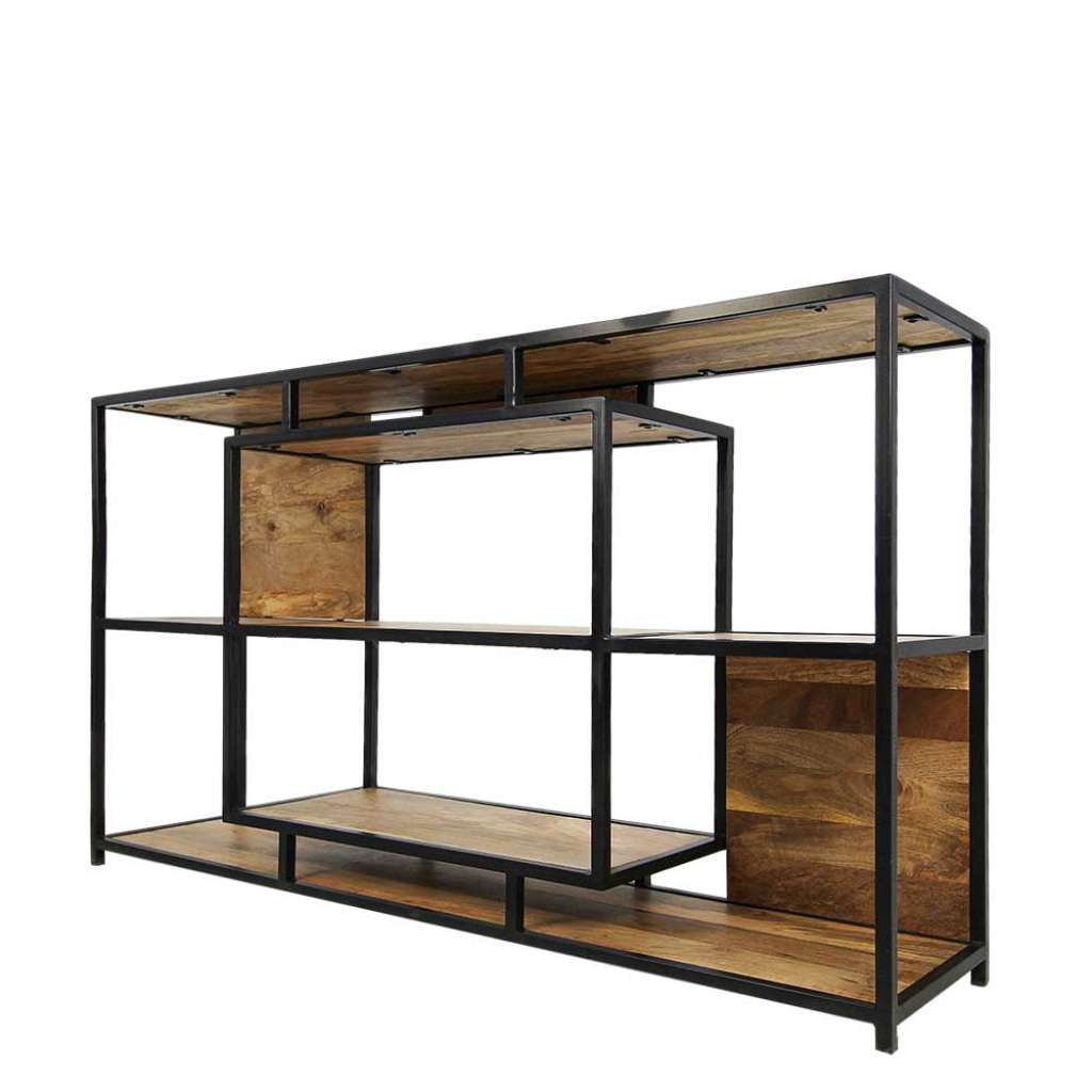 Wohnzimmerregal aus Mangobaum Massivholz und Eisen 150 cm breit