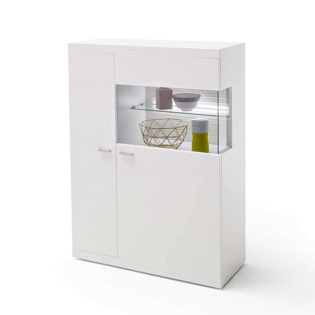 Wohnzimmer Highboard in Hochglanz Weiß 90 cm breit
