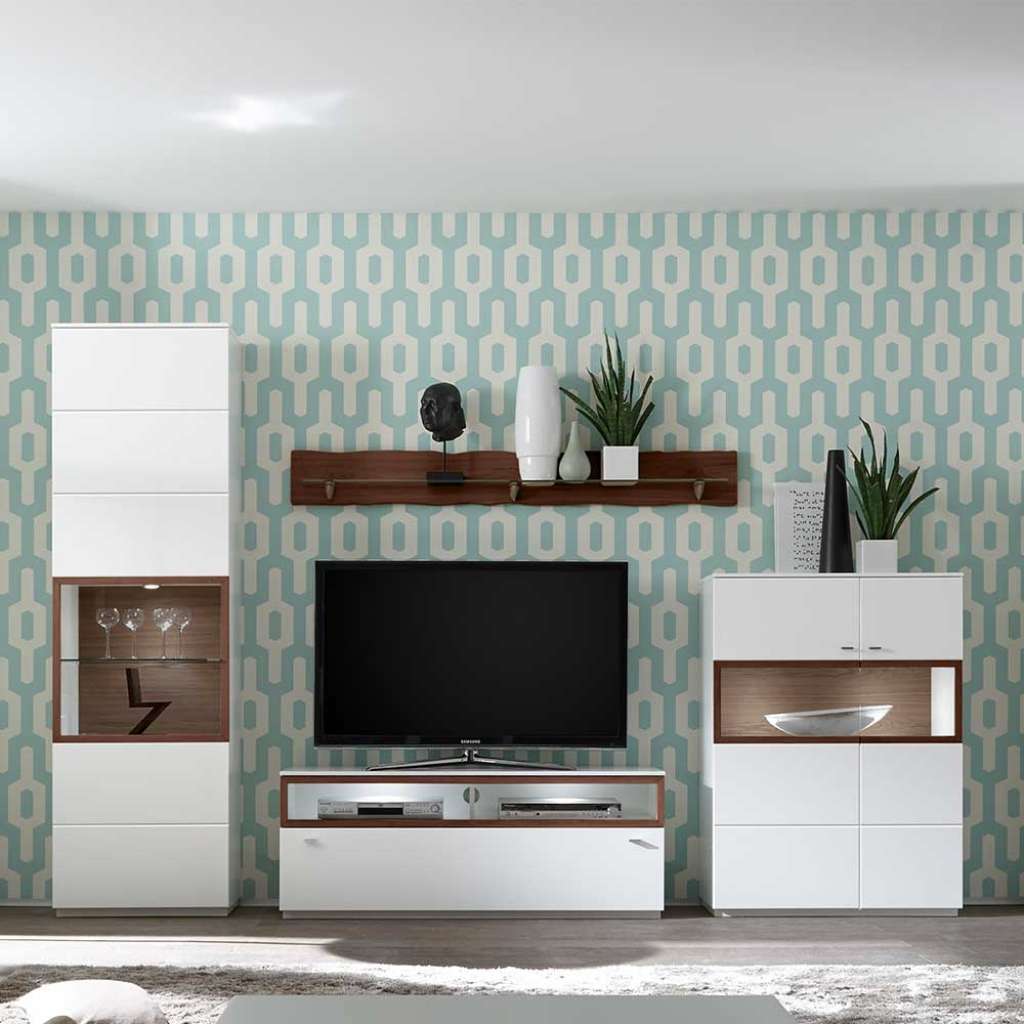 Wohnzimmerschrankwand in Weiß und Nussbaum furniert 295 cm breit (4-teilig)