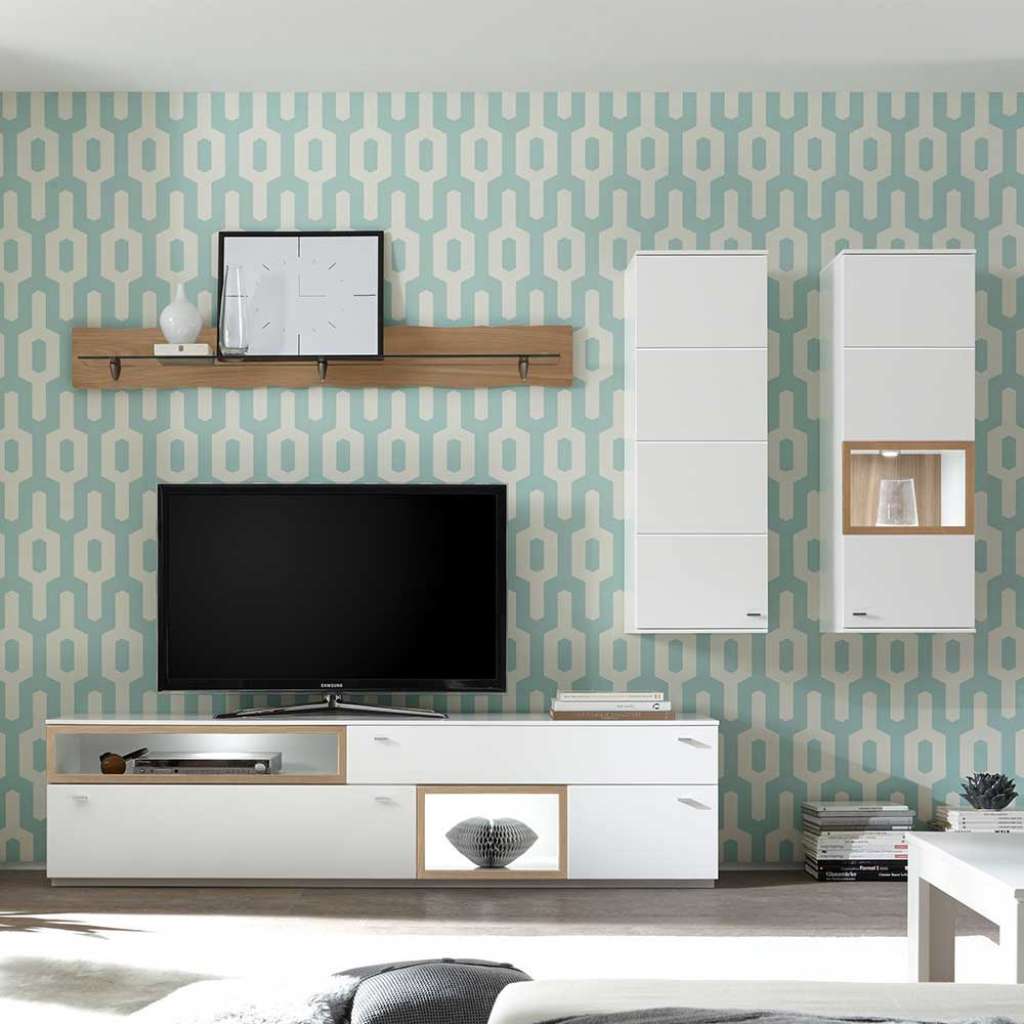 Wohnzimmer Anbauwand in Weiß und Eiche Bianco furniert 280 cm breit (4-teilig)