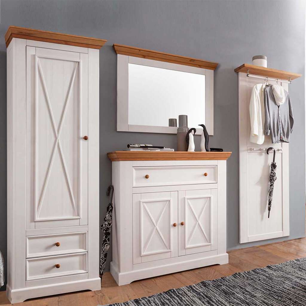 Flurmöbel Set in Weiß und Eichefarben Kiefer Massivholz (4-teilig)