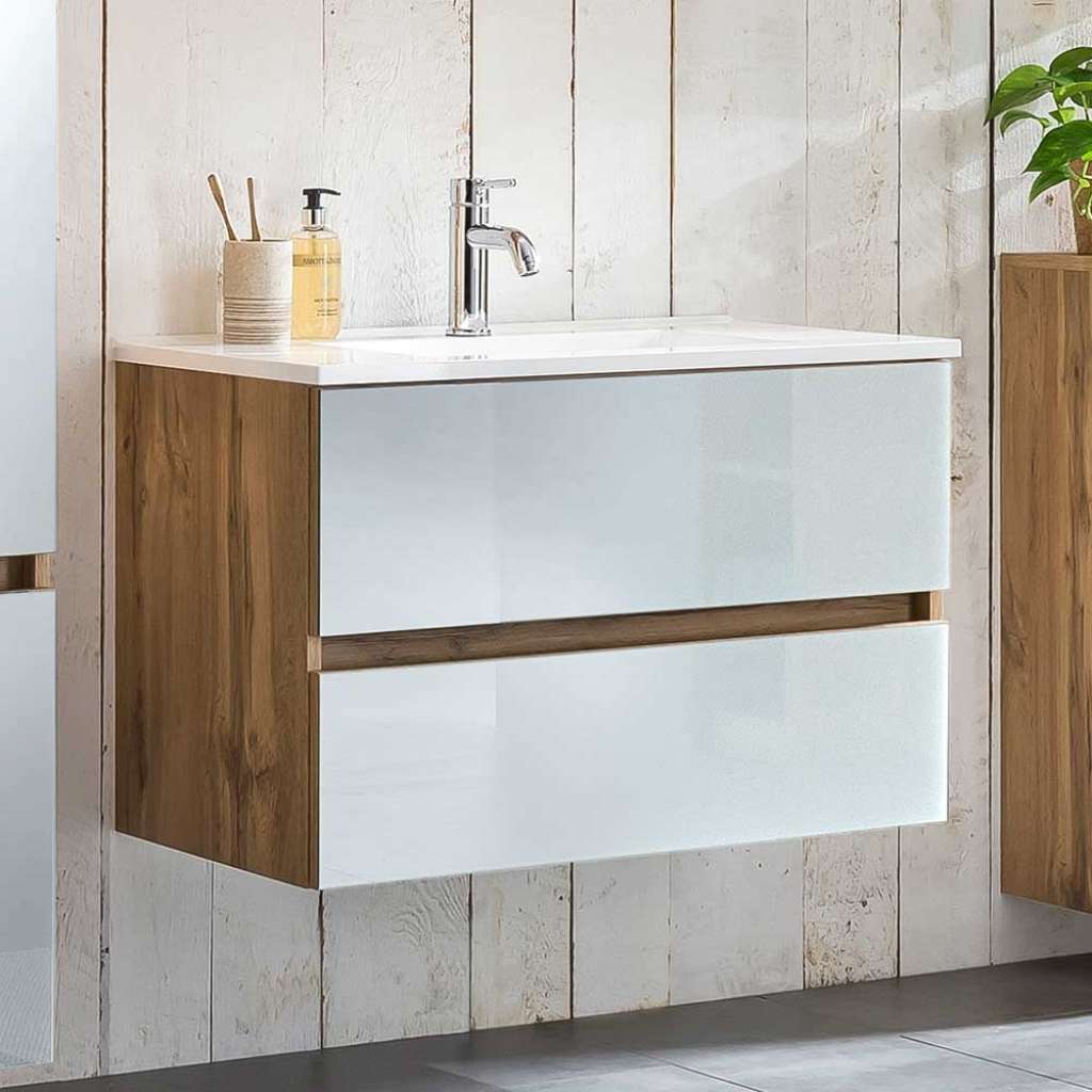 Waschschrank in Weiß und Wildeiche Optik 80 cm breit