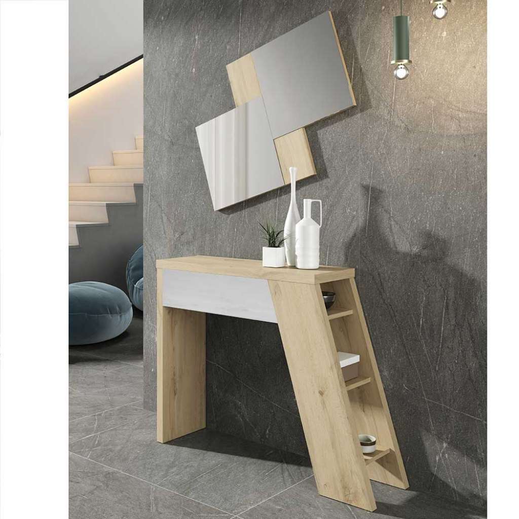 Konsolentisch und Design Wandspiegel in Weiß und Wildeiche Optik modern (2-teilig)