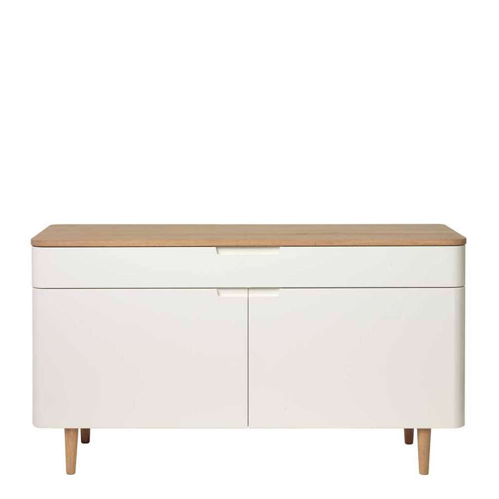 Retro Sideboard in Weiß und Eiche Bianco furniert 140 cm breit
