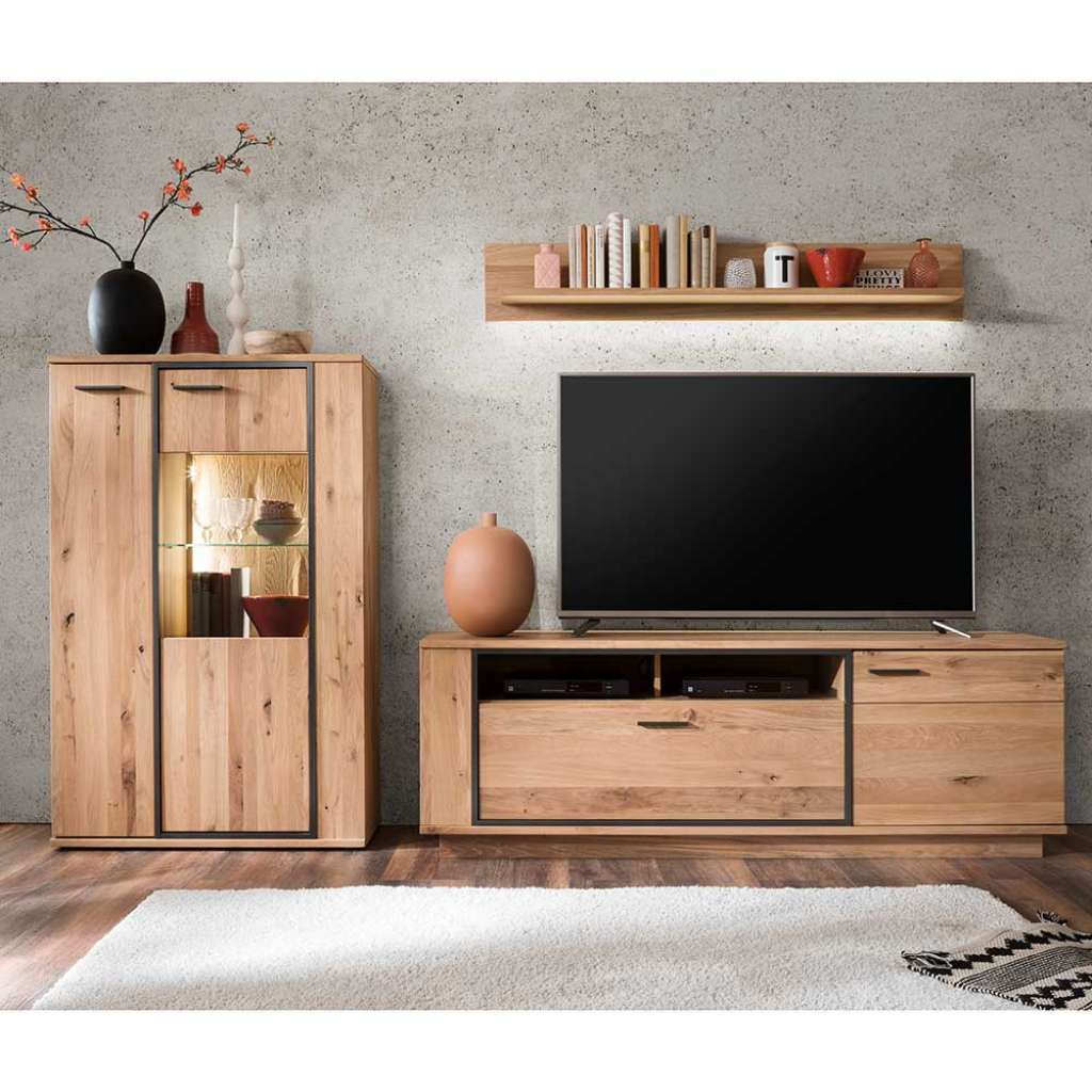 Design Wohnwand in Asteiche Bianco furniert 270 cm breit (3-teilig)