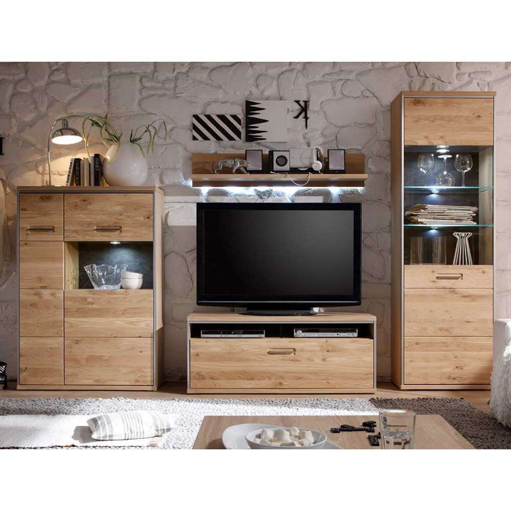 Wohnzimmeranbauwand in Asteiche Bianco furniert Landhausstil (4-teilig)