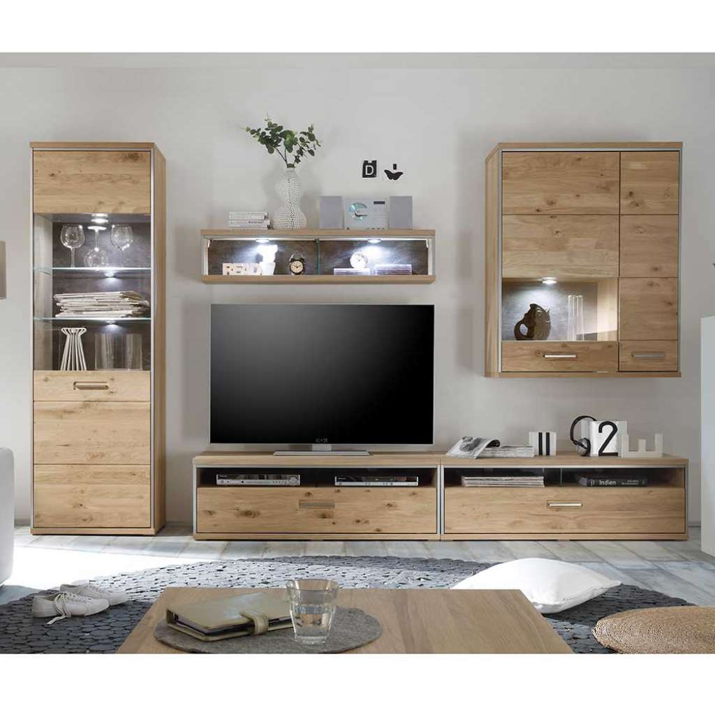 Landhauswohnwand in Asteiche Bianco furniert Silberfarben (5-teilig)