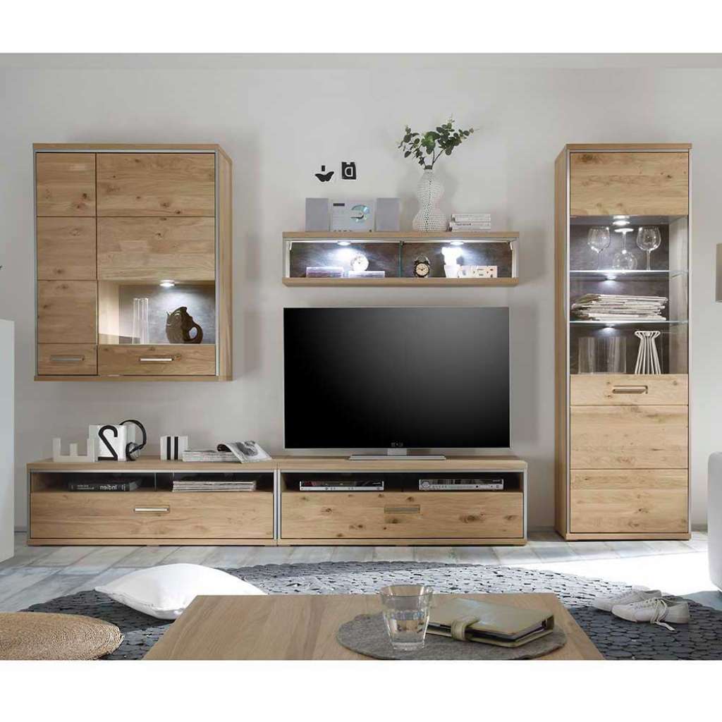 Landhaus Wohnwand in Asteiche Bianco furniert Silberfarben (5-teilig)