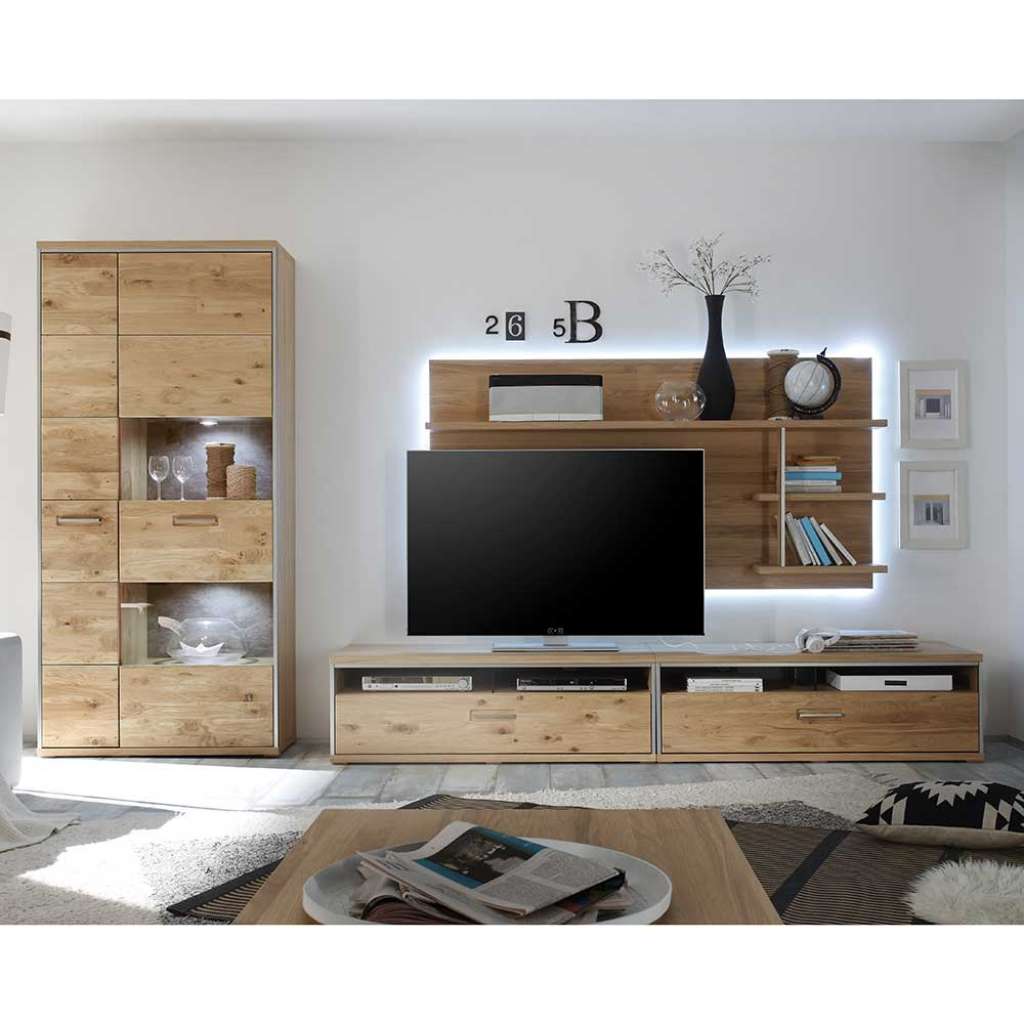 TV Schrankwand in Asteiche Bianco furniert Landhaus Design (4-teilig)