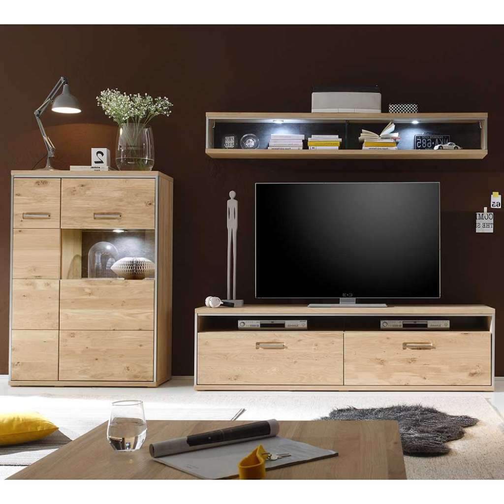 Wohnzimmer Anbauwand in Asteiche Bianco furniert Silberfarben (3-teilig)