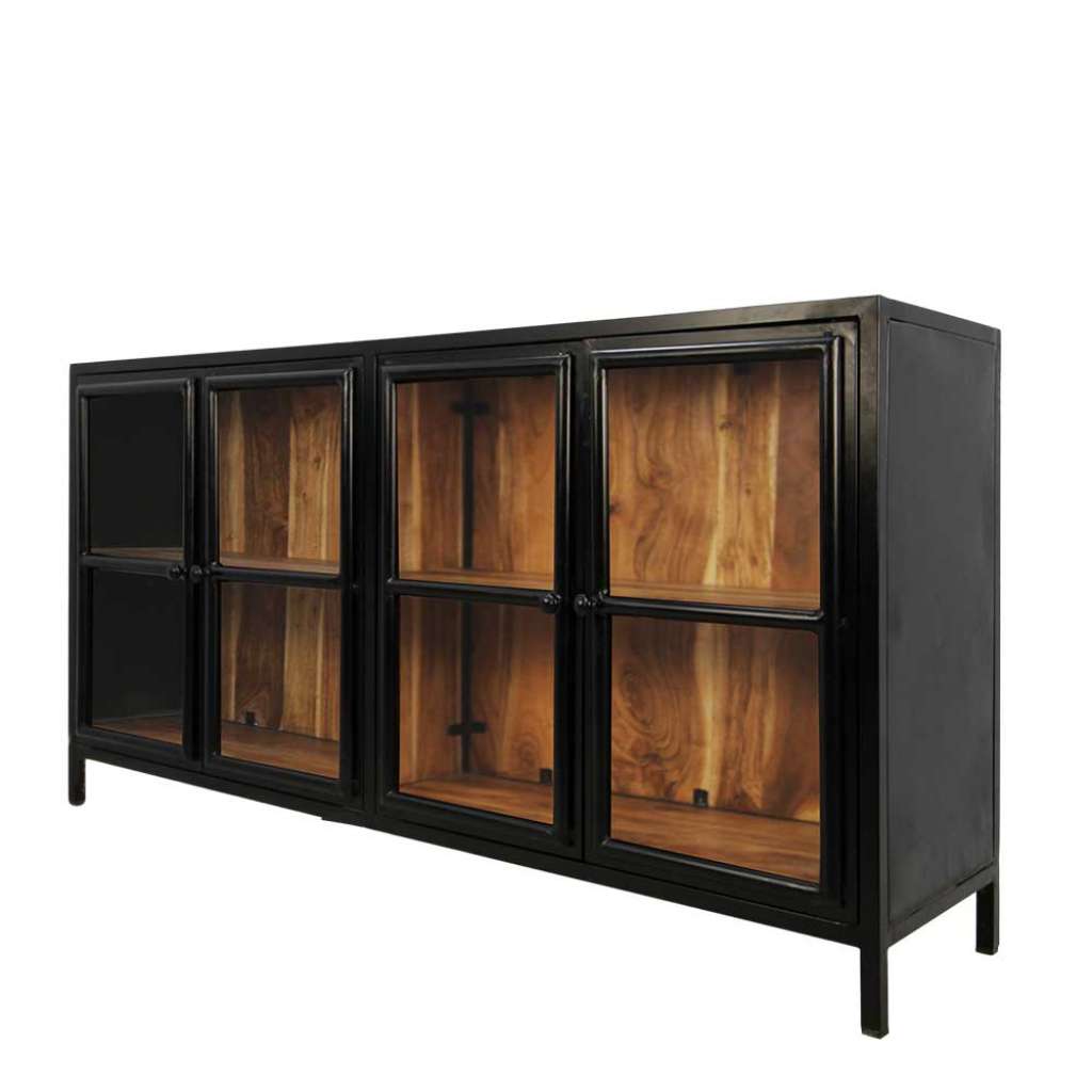 Glastüren Sideboard aus Akazie Massivholz und Eisen 170 cm breit