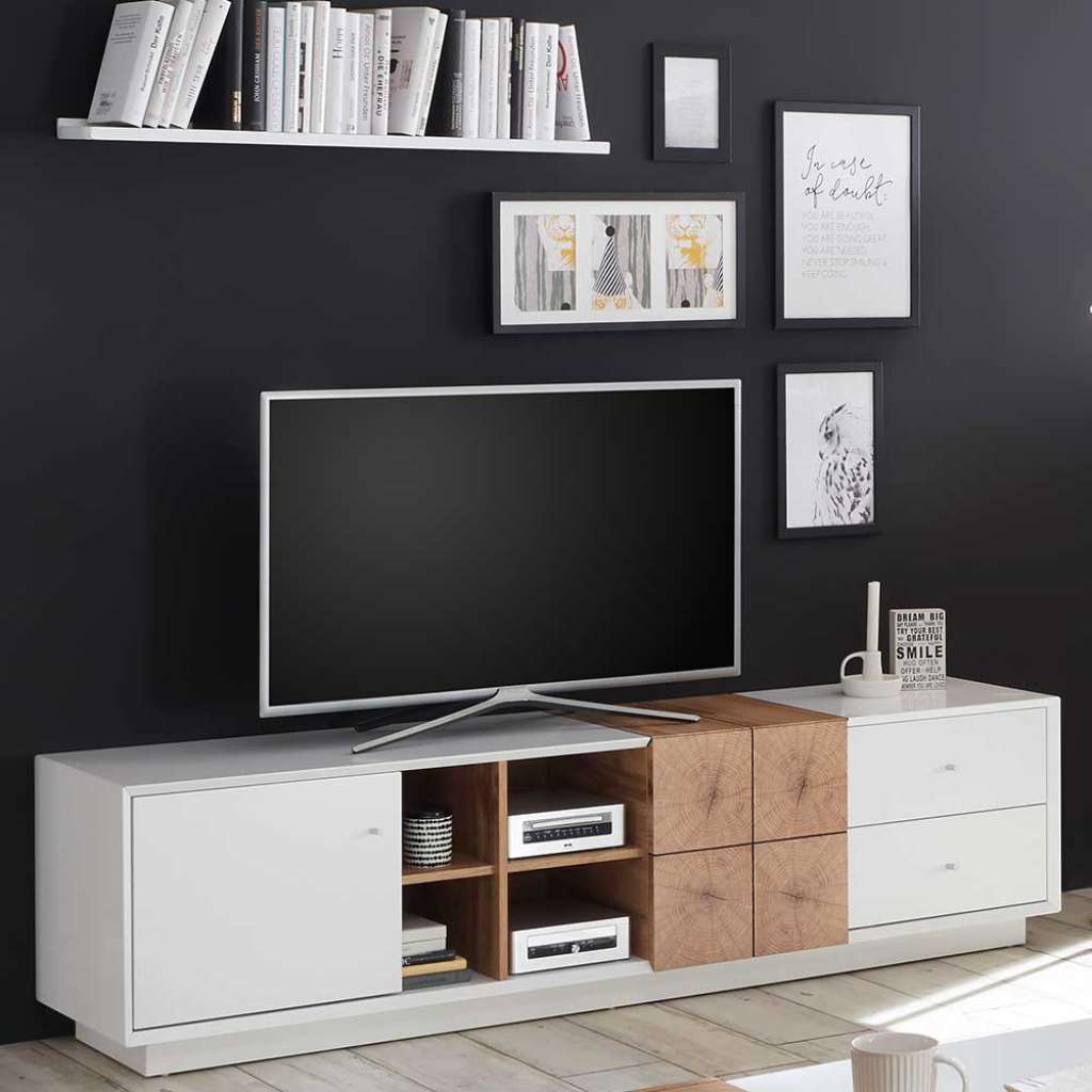 TV Lowboard in Weiß und Eiche Optik 180 cm breit