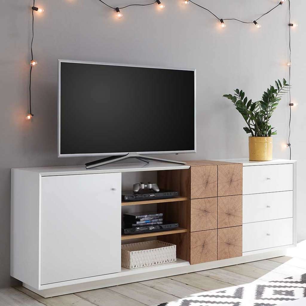 Fernsehunterschrank in Weiß und Eiche Optik 65 cm hoch