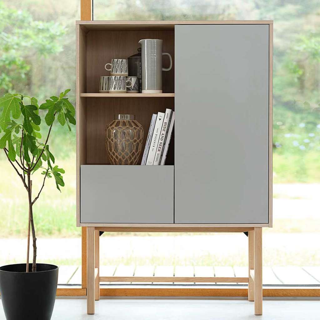 Esszimmer Highboard in Eiche Bianco und Hellgrau 150 cm hoch
