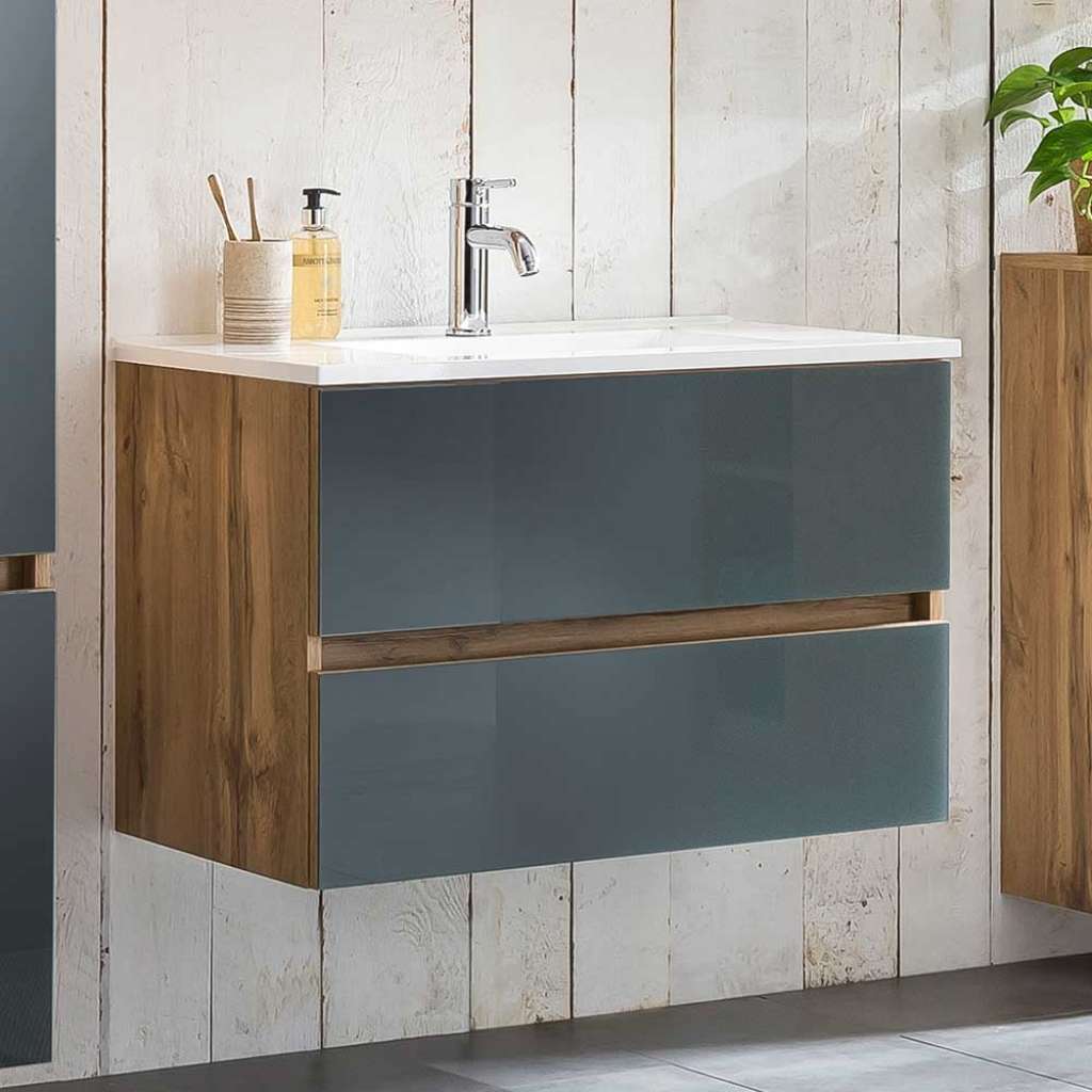 Waschbeckenunterschrank in Grau und Wildeiche Optik Glas beschichtet