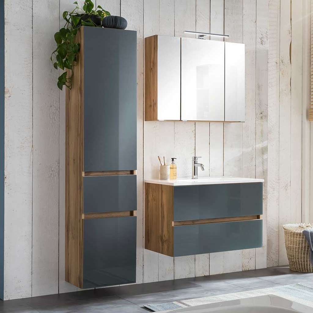 Badezimmermöbelset in Grau und Wildeiche Optik 120 cm breit (3-teilig)