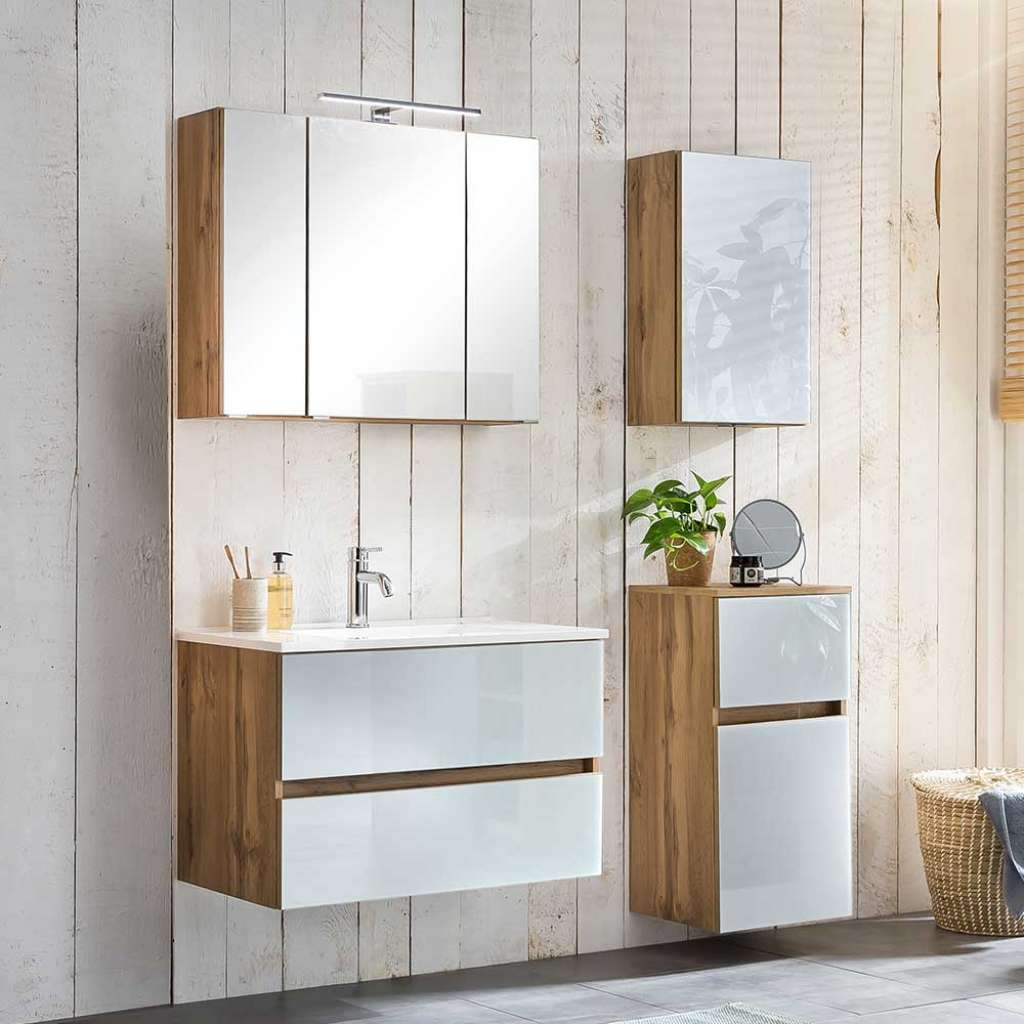 Badezimmermöbel Set in Weiß und Wildeiche Optik Made in Germany (4-teilig)