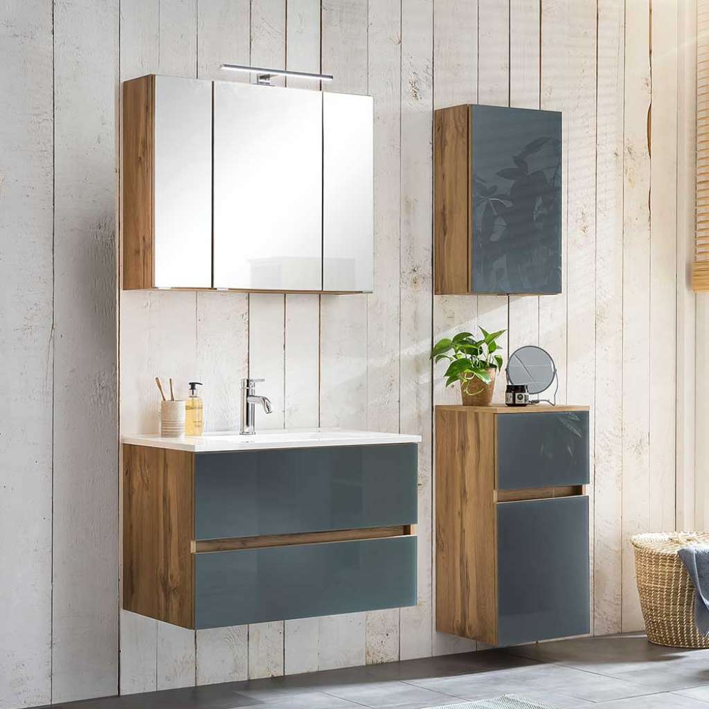 Badezimmer Kombination in Grau und Wildeiche Optik Glas beschichtet (4-teilig)