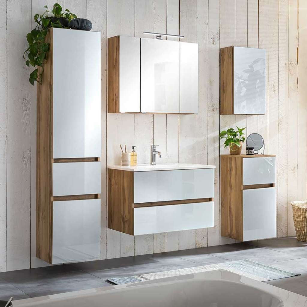 Badezimmermöbel Set in Weiß und Wildeiche Optik Glas beschichtet (5-teilig)
