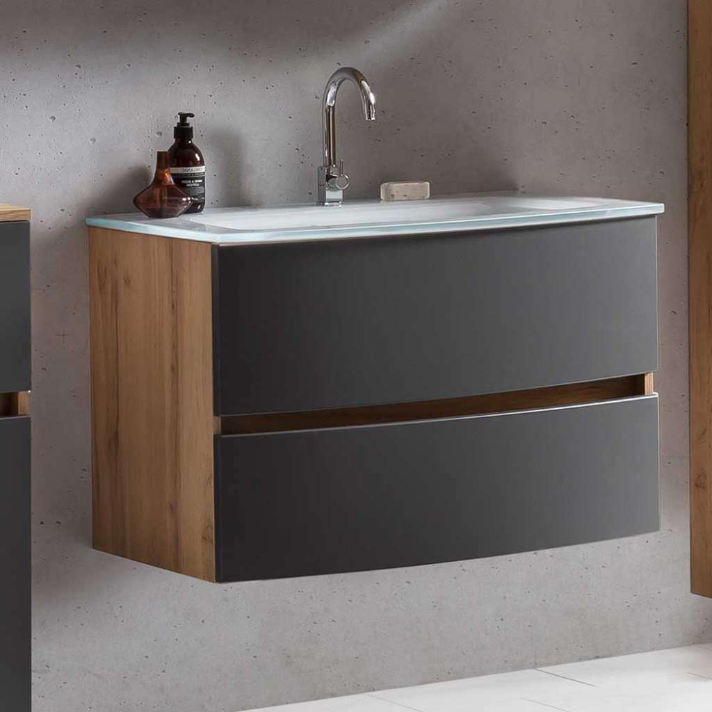 Waschtischschrank in Grau und Wildeiche Optik 80 cm breit