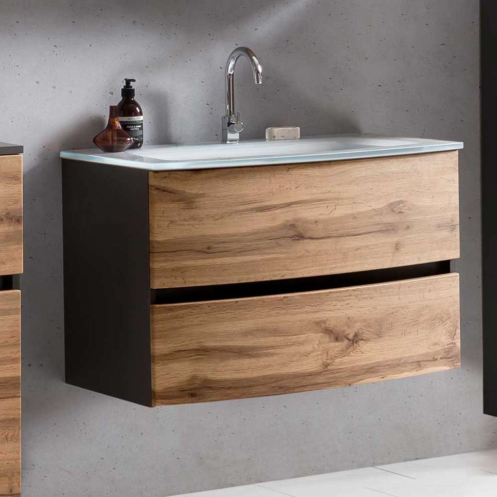 Waschschrank in Dunkelgrau und Wildeiche Optik 80 cm breit