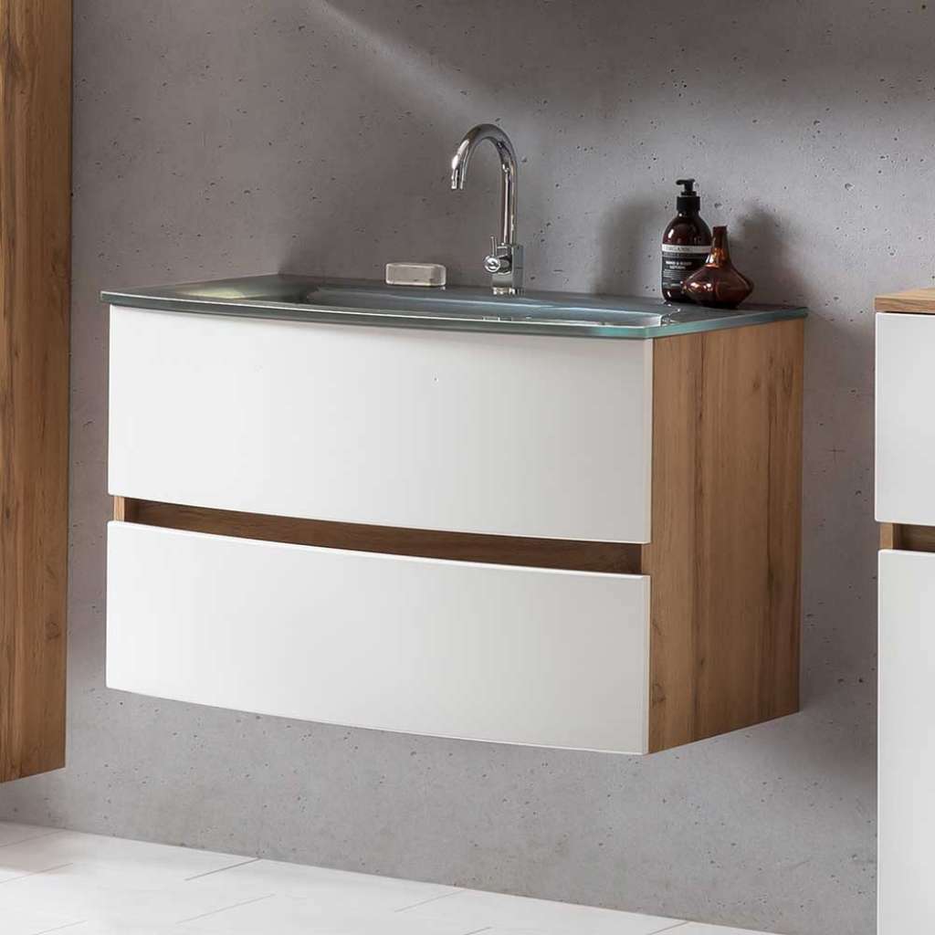 Waschbeckenunterschrank in Weiß und Wildeiche Optik Made in Germany