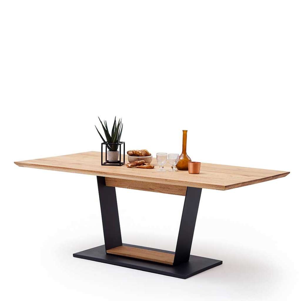 Esszimmertisch in Schwarzgrau und Eiche Trapezgestell