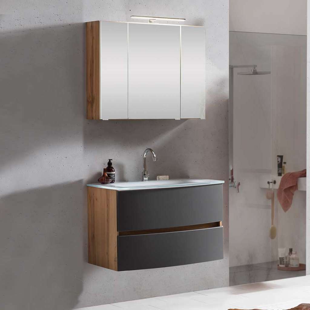 Waschtisch und Spiegelschrank in Wildeichefarben und Grau Wandmontage (2-teilig)