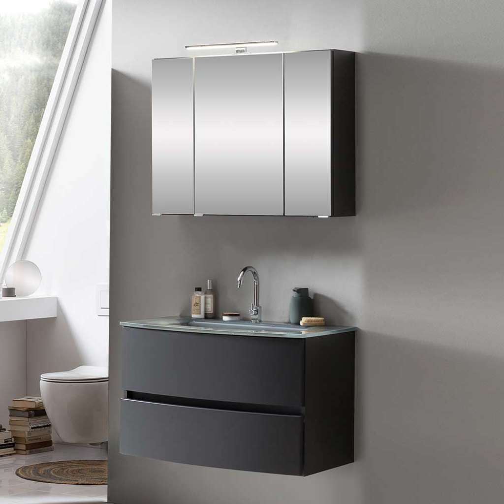 Waschtisch und Bad Spiegelschrank in Dunkelgrau Made in Germany (2-teilig)