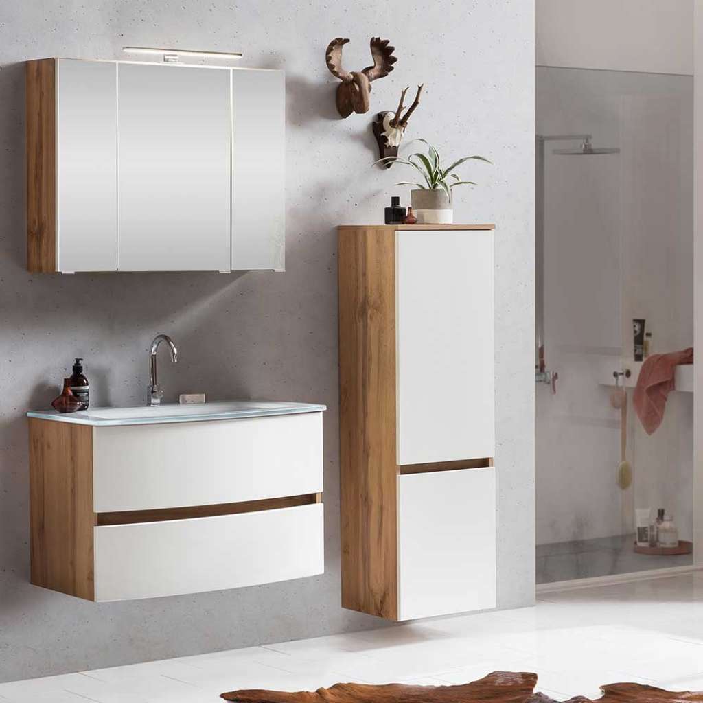 Design Badezimmer Set in Weiß und Wildeiche Optik LED Beleuchtung (3-teilig)