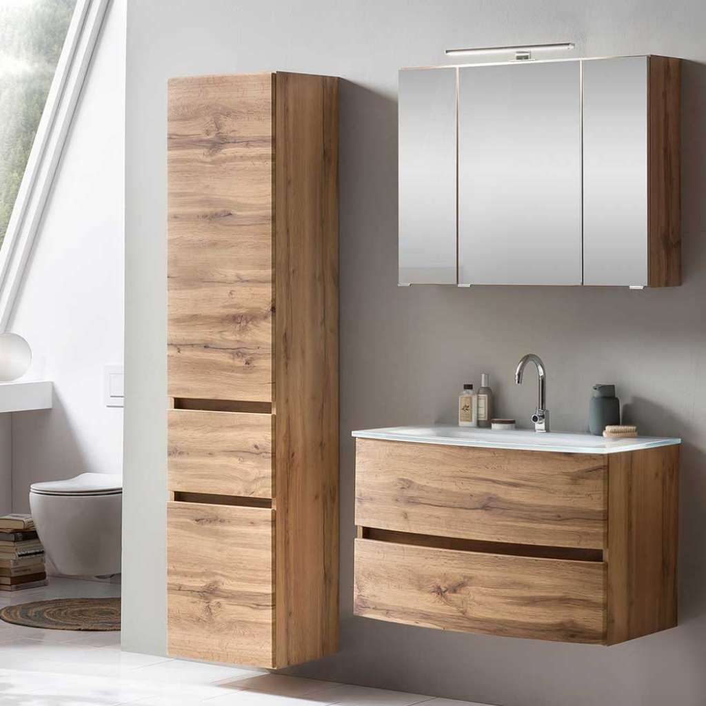 Badezimmer Kombination in Wildeichefarben LED Beleuchtung (3-teilig)