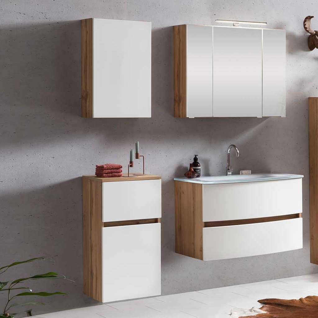 Badmöbelkomplettset in Weiß und Wildeiche Optik Made in Germany (4-teilig)