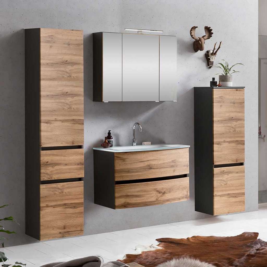 Badezimmerset in Wildeichefarben und Dunkelgrau Made in Germany (4-teilig)