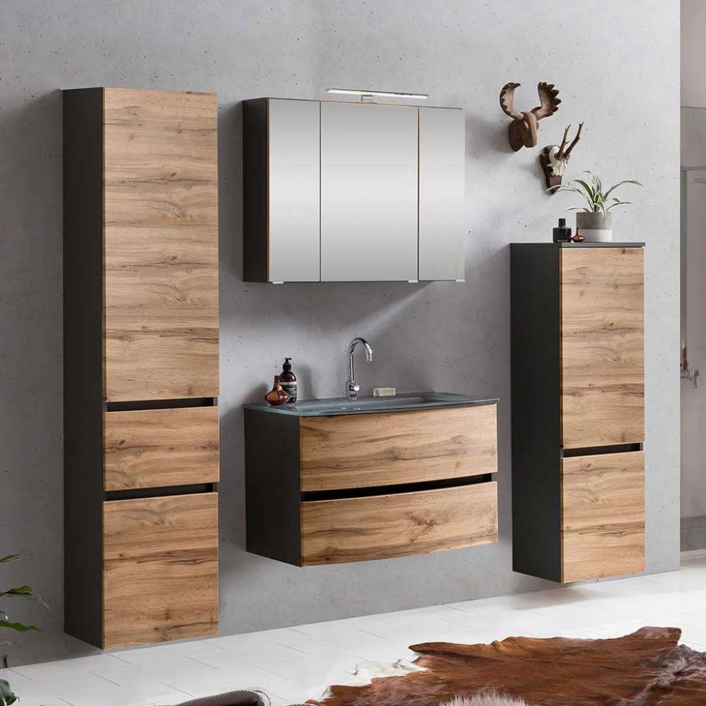 Waschplatz Set in Wildeichefarben und Dunkelgrau 160 cm breit (4-teilig)