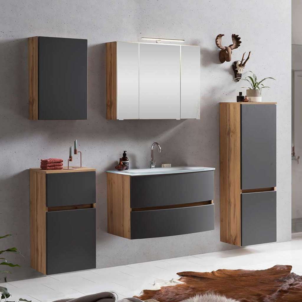 Badmöbel Set in Grau und Wildeiche Optik modern (5-teilig)
