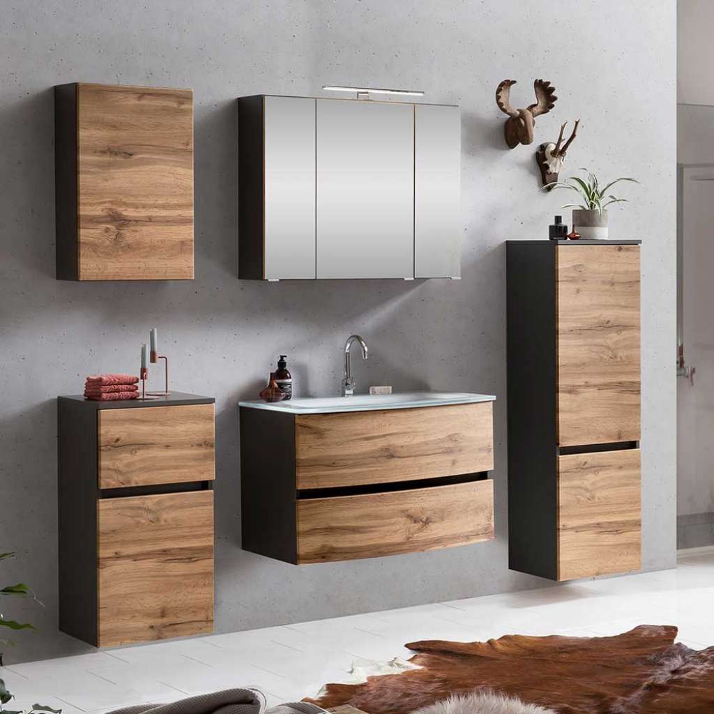 Badezimmerset in Wildeichefarben und Dunkelgrau Made in Germany (5-teilig)