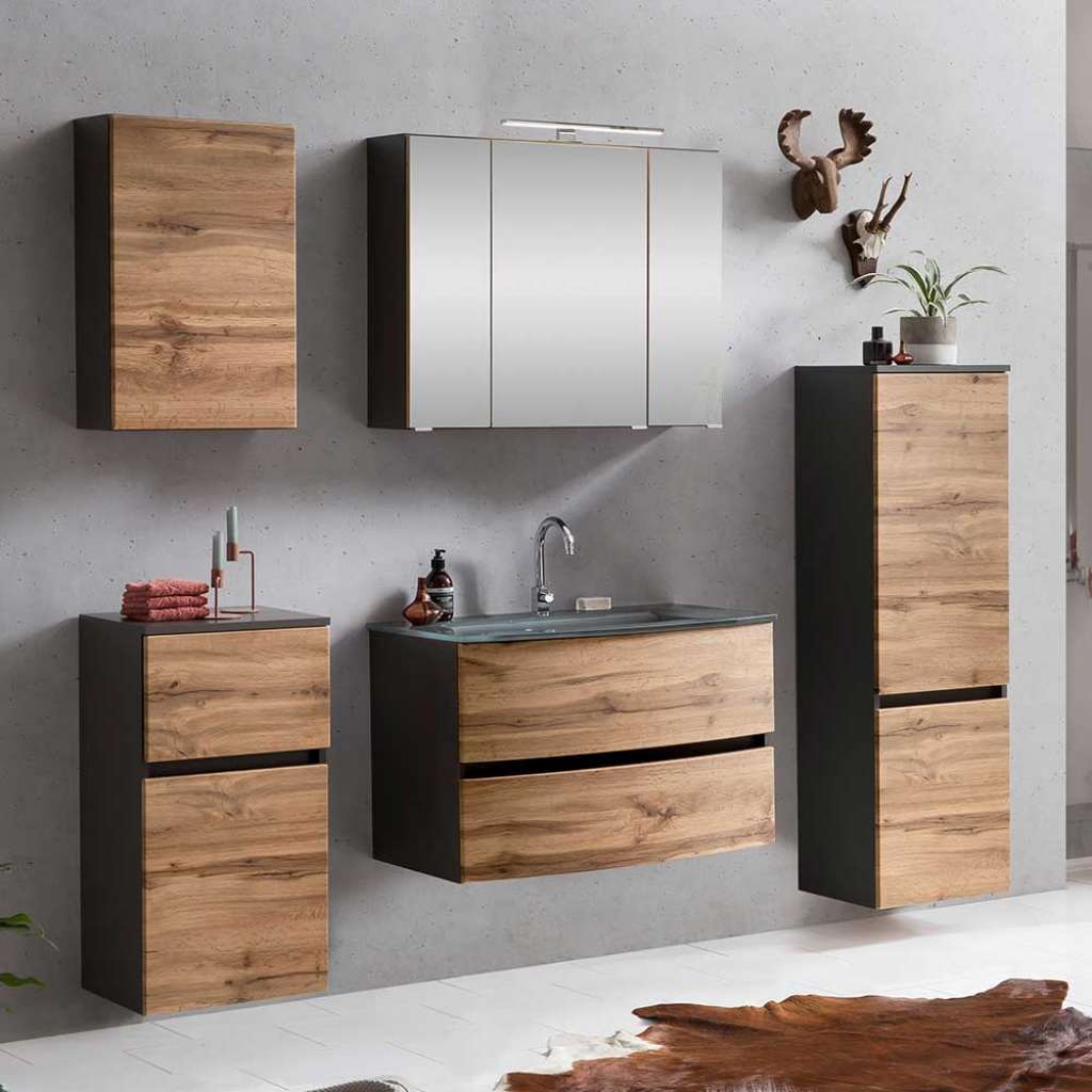 Badmöbel Set in Wildeiche Optik und Dunkelgrau 160 cm breit (5-teilig)