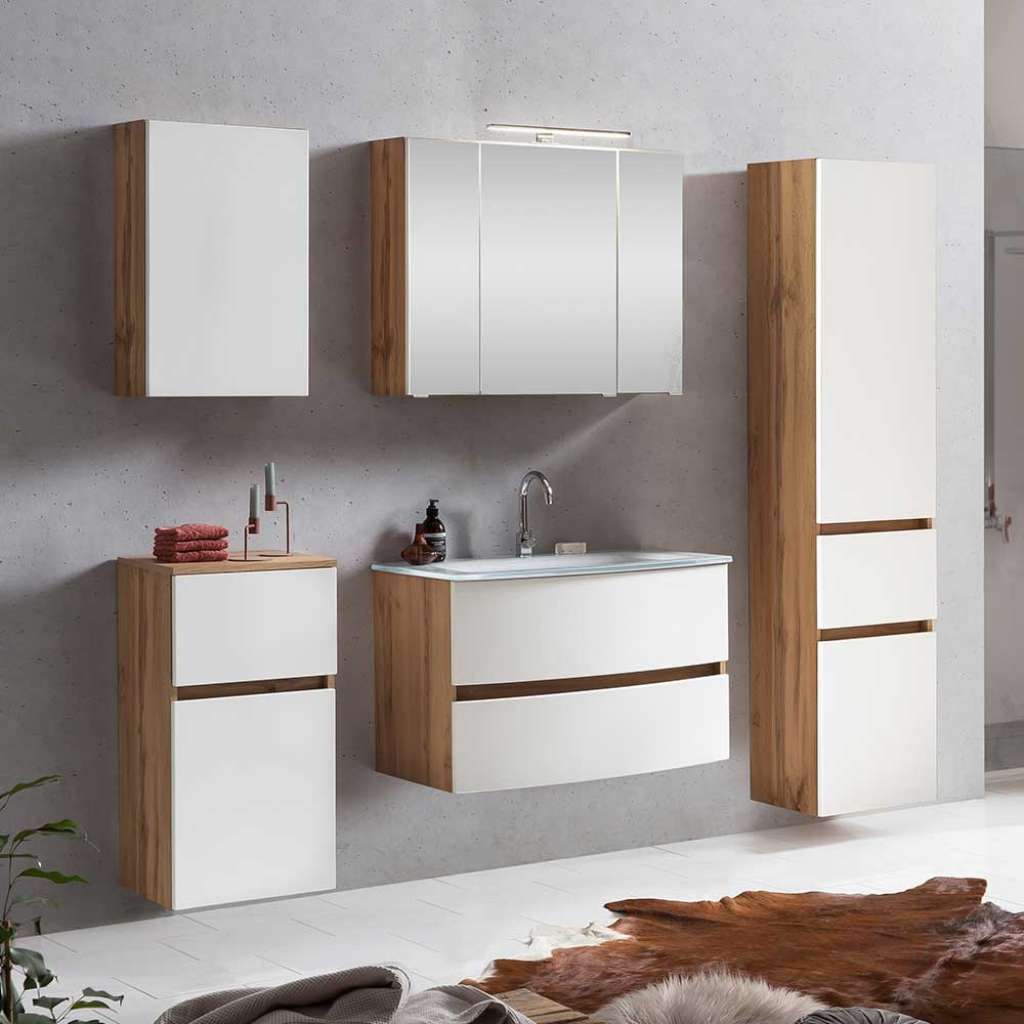 Badmöbelkomplettset in Weiß und Wildeiche Optik LED Beleuchtung (5-teilig)