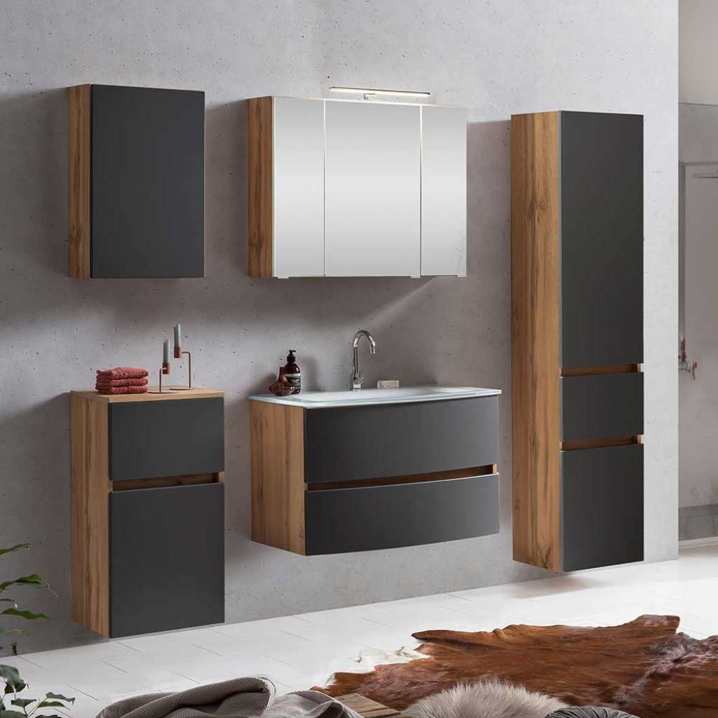Design Badmöbel Set in Grau und Wildeichefarben LED Beleuchtung (5-teilig)