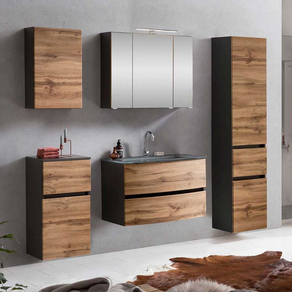 Badezimmermöbelset in Wildeichefarben und Dunkelgrau 160 cm breit (5-teilig)