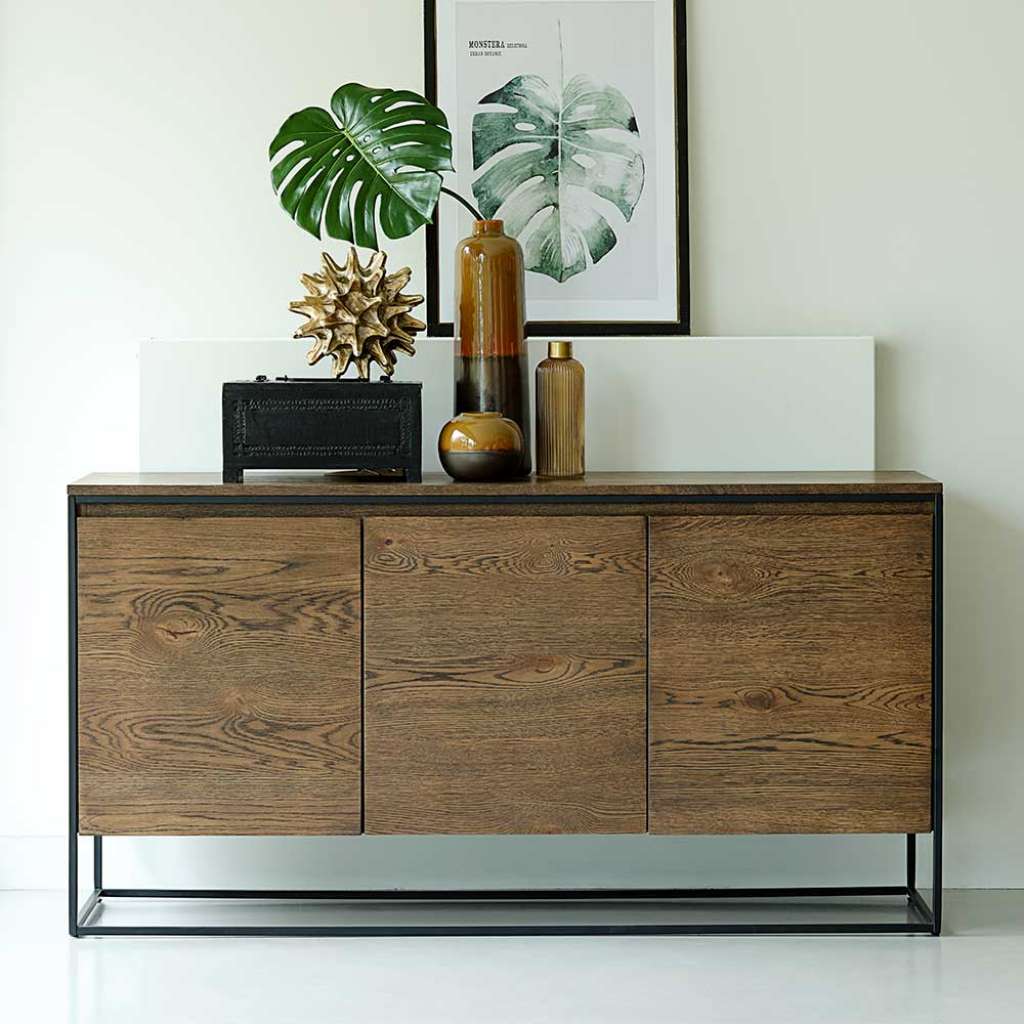 Wohnzimmer Kommode in Schwarz und Wildeiche dunkel furniert 155 cm breit
