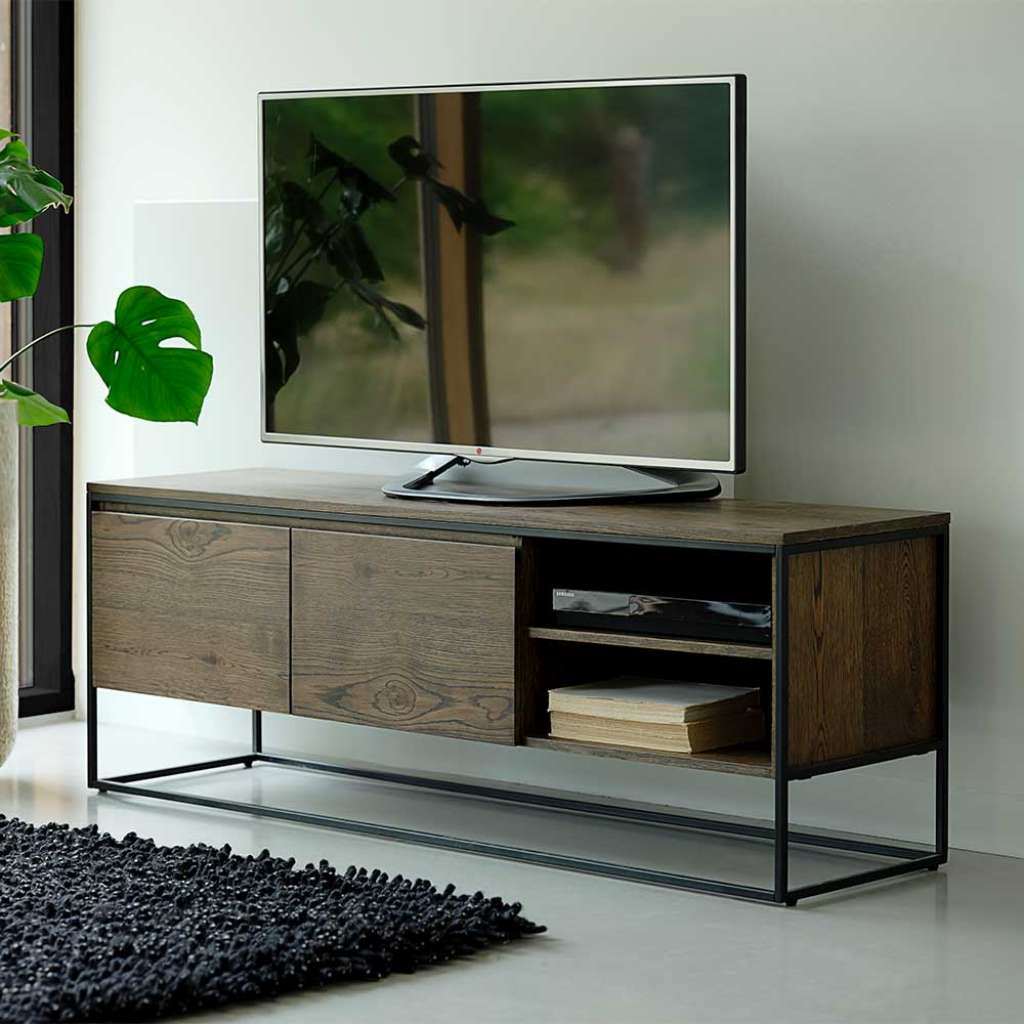 TV Unterschrank in Schwarz und Wildeiche dunkel furniert 155 cm breit